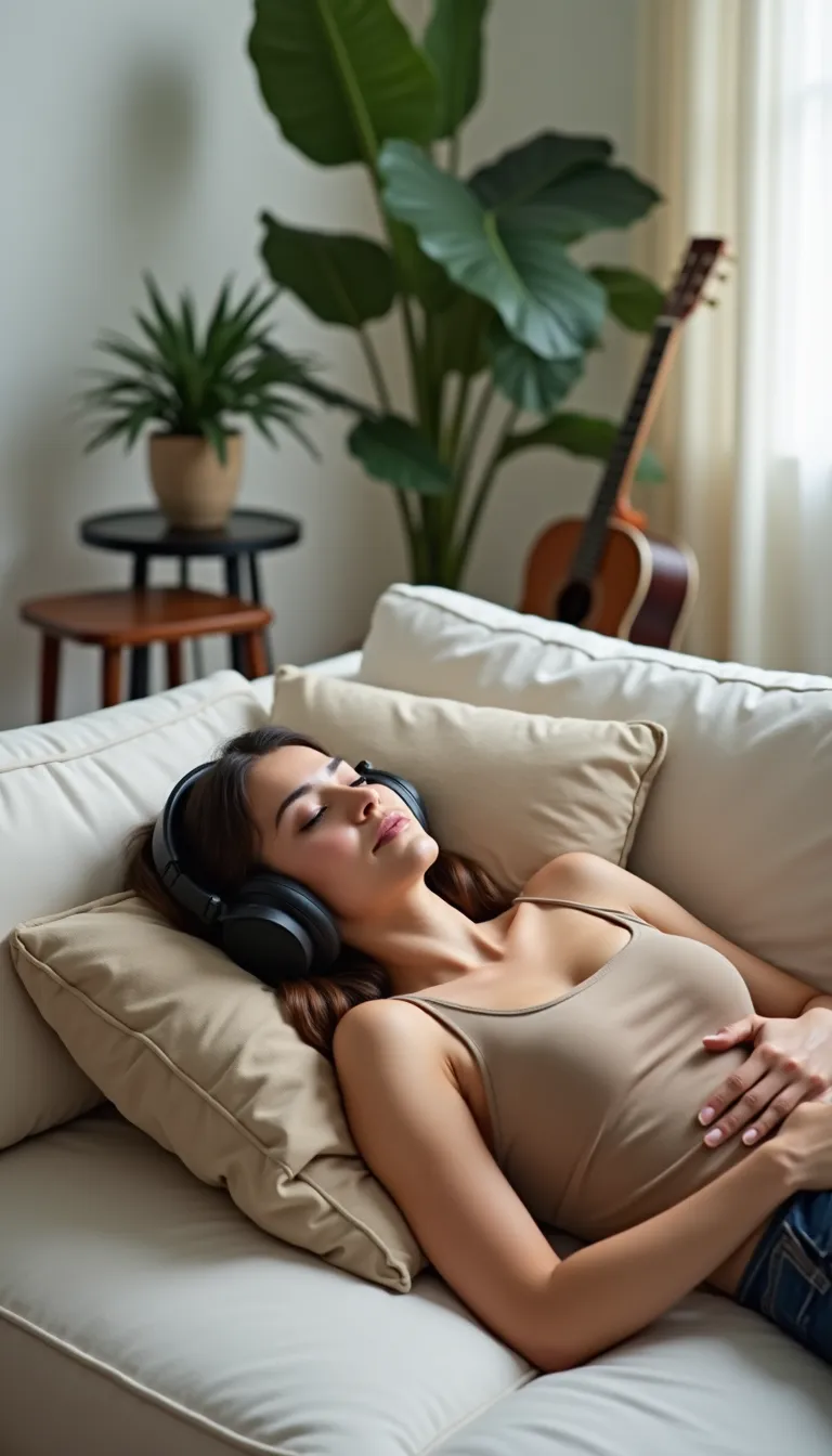 Woman relaxing on a sofa with headphones listening to a ZenChords guided hypnosis session