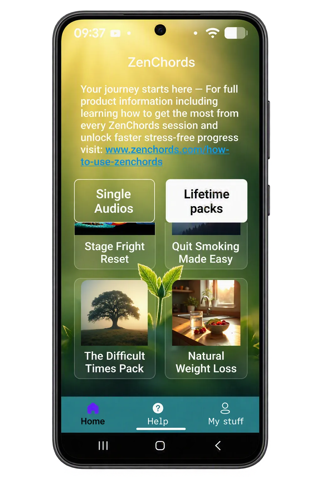 ZenChords Hypnosis App interface shown on a mobile phone display